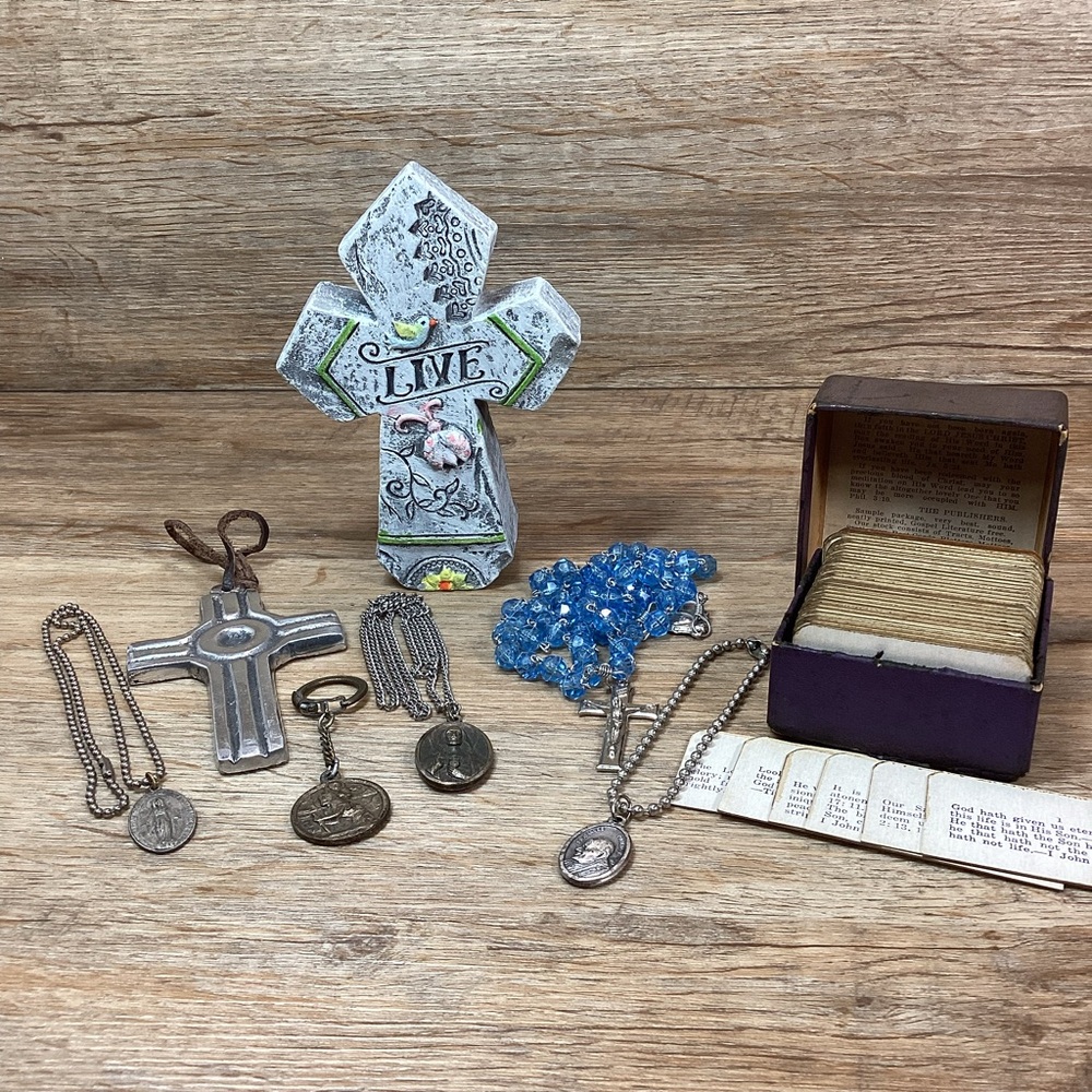 Lot Christian Items-Rosary, Necklaces, Bible Verses, Crosses, Key Chain